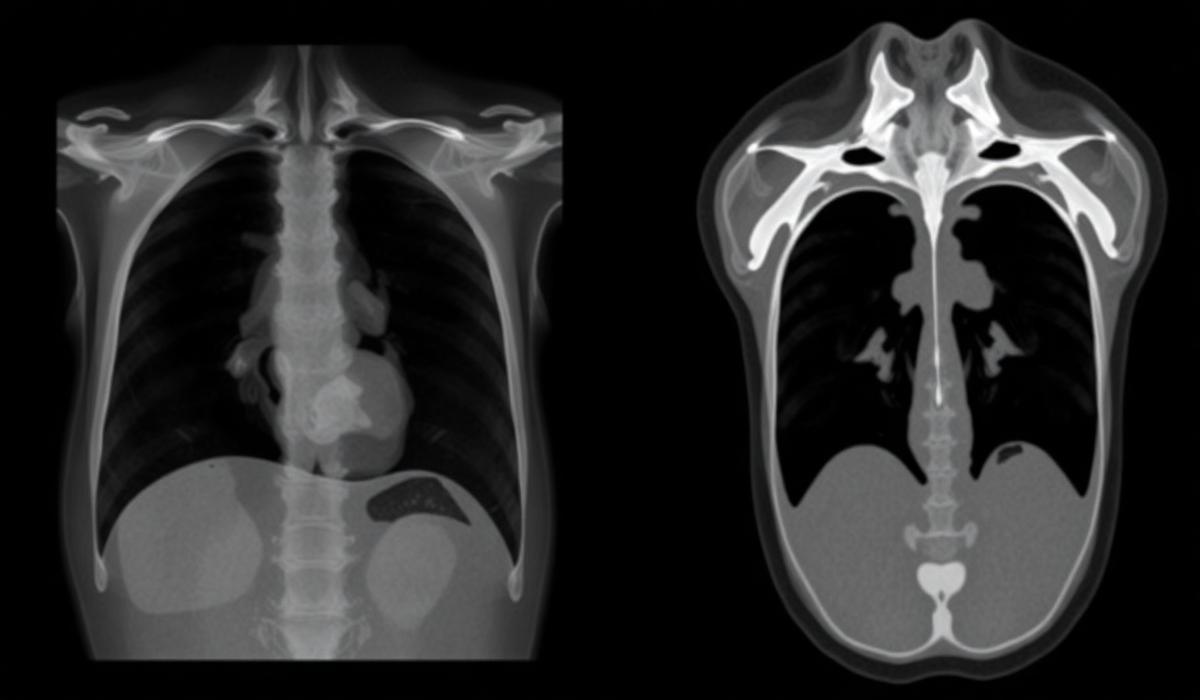 Comparação entre radiografia tradicional e corte de tomografia computadorizada do tórax de um cão
