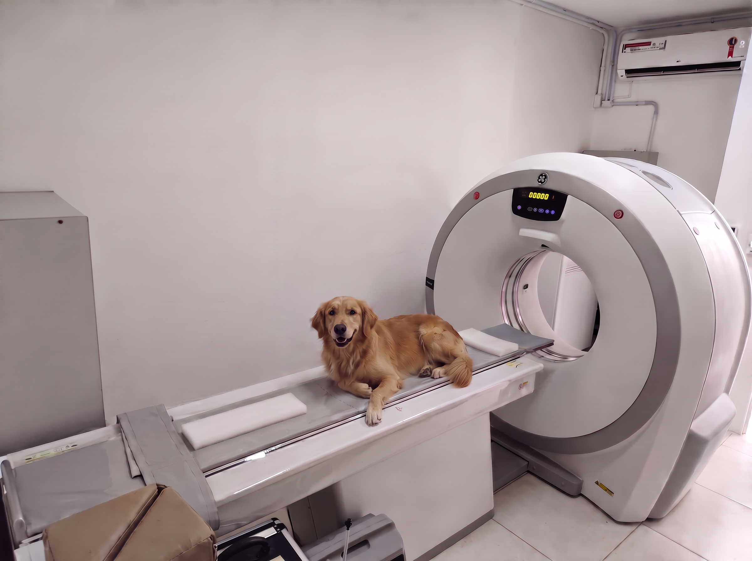 Tomógrafo veterinário da clínica Imaginar em Porto Alegre com um cão na mesa do equipamento